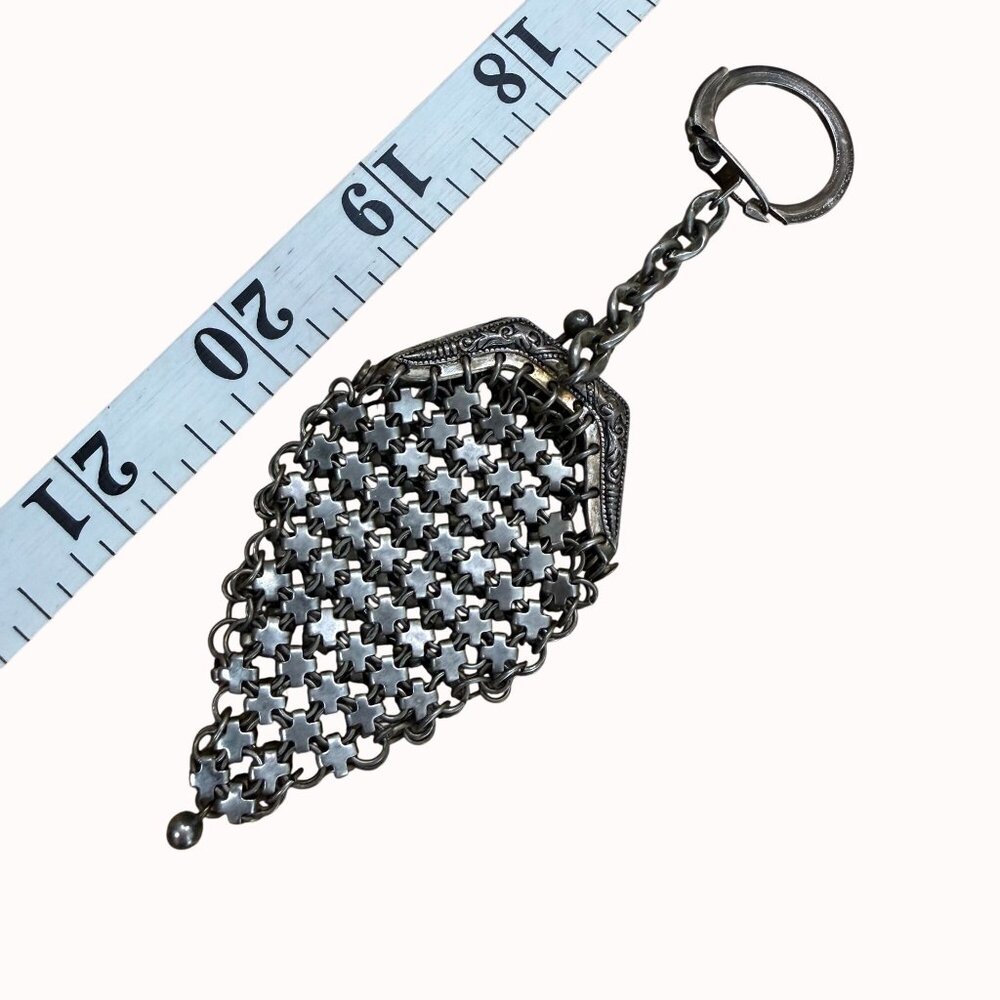 Antique Silver Mesh Chatelaine Coin Purse Keychain - image 4